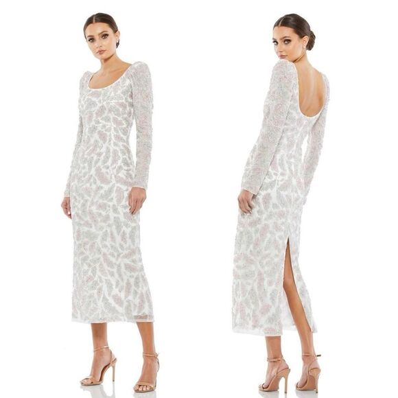 NEW Mac Duggal Foliage Embellished Long Sleeve Midi Sheath Dress Size 4 Wedding - Picture 1 of 15